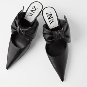 ZARA 100% LEATHER BLACK SLINGBACK HEELS WITH BOW NEW WITH TAGS US 6.5 EUR 37